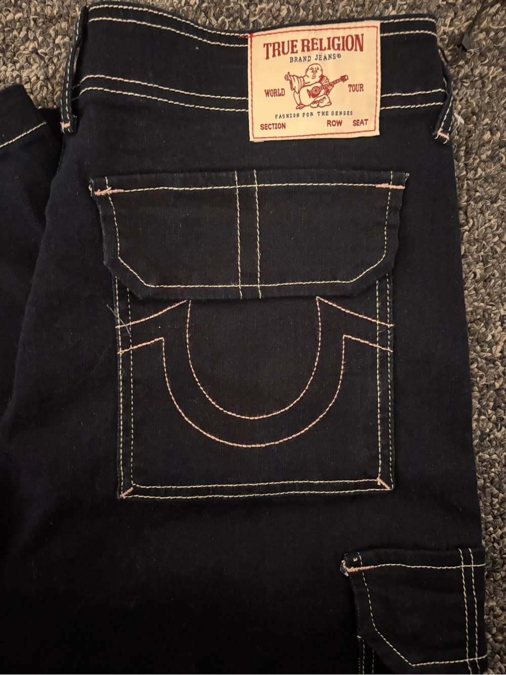 True Religion Black Wide-Leg Cargo Jeans with White Stitching - Picture 3 of 4